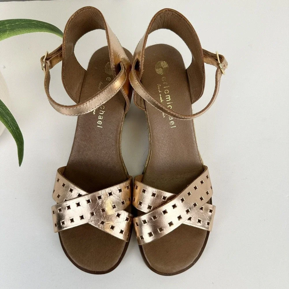 Eric Michael Rose Gold Metallic Espadrille Wedge Sandals Spain Shoes EU‎ 39 US 9